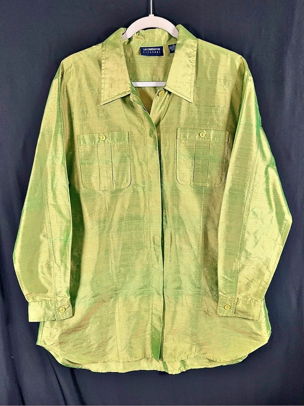 Liz Claiborne Lizsport Button Down Shirt M Raw Silk Green oversized lagenlook